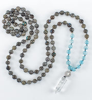 mala beads, mala necklace, labradorite, aquamarine, pyrite, clear quartz